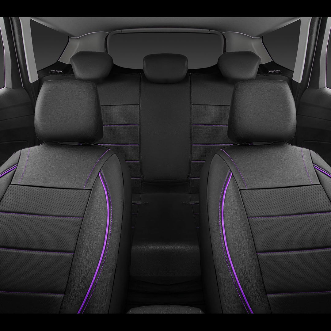 Piping PU Leather Car Seat Cover,Inside Zipper Design and Reserved Opening Holes Airbag Compatible,Universal FIT for Car, SUVs,Van,Trucks,Full Set, Black & Purple