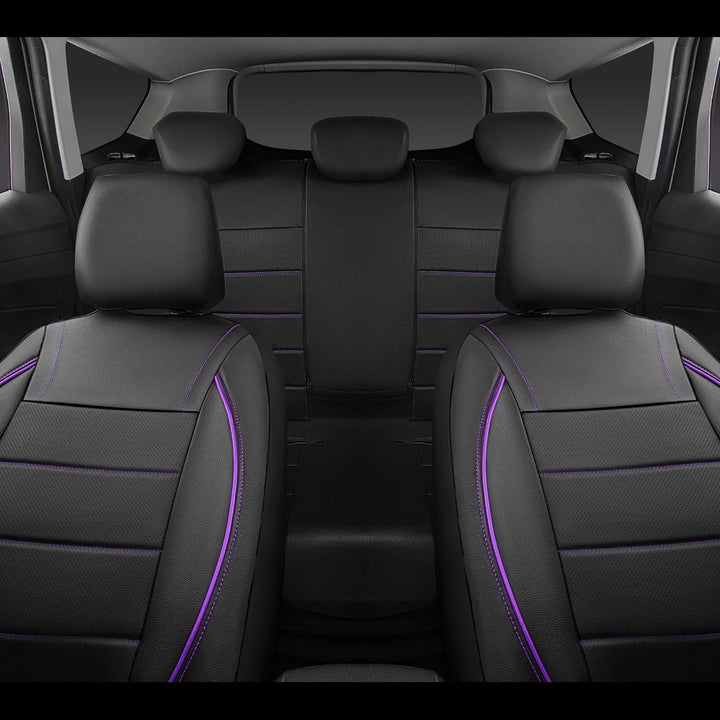 Piping PU Leather Car Seat Cover,Inside Zipper Design and Reserved Opening Holes Airbag Compatible,Universal FIT for Car, SUVs,Van,Trucks,Full Set, Black & Purple