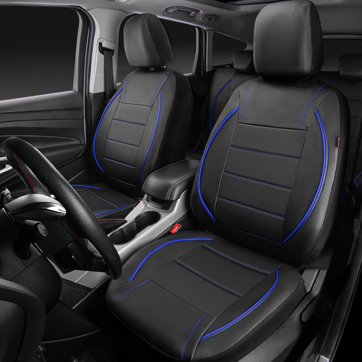 Universal FIT Piping Leather Car Seat Cover, for suvs, Van, Trucks, Airbag Compatible, Inside Zipper Design and Reserved Opening Holes (Full seat Covers, Black and Blue)