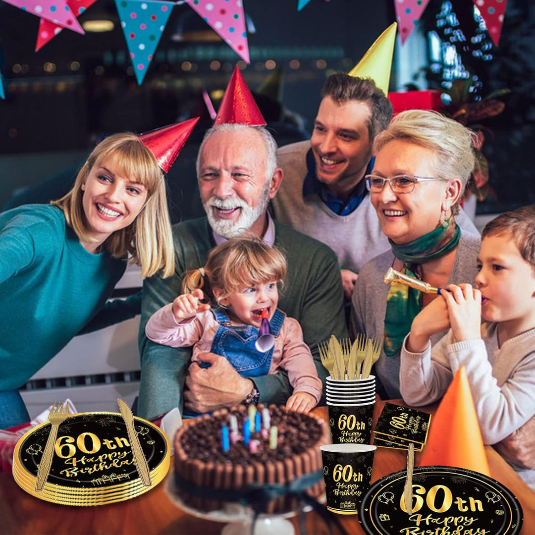 144PCS 60th Birthday Party Supplies Black and Gold 60 Years Birthday Plates and Napkins Tableware Set 60th Party Decorations Including Paper Plates Napkins Cups Forks Serve 24 for Men Women