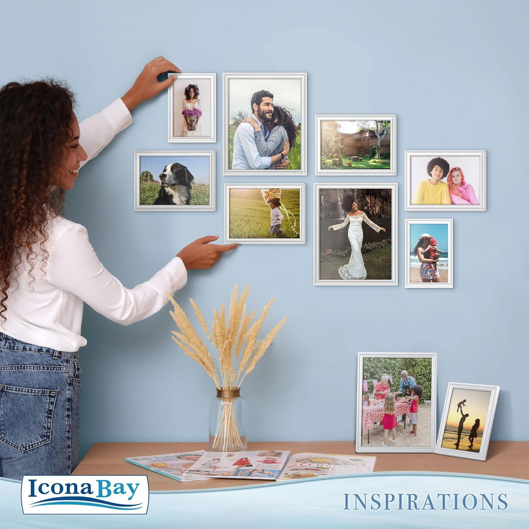 5x7 (13x18 cm) Picture Frames, Beautifully Detailed Molding, Contemporary Picture Frame Set, Wall Mount or Table Top, Inspirations Collection,  (White, 6 Pack)