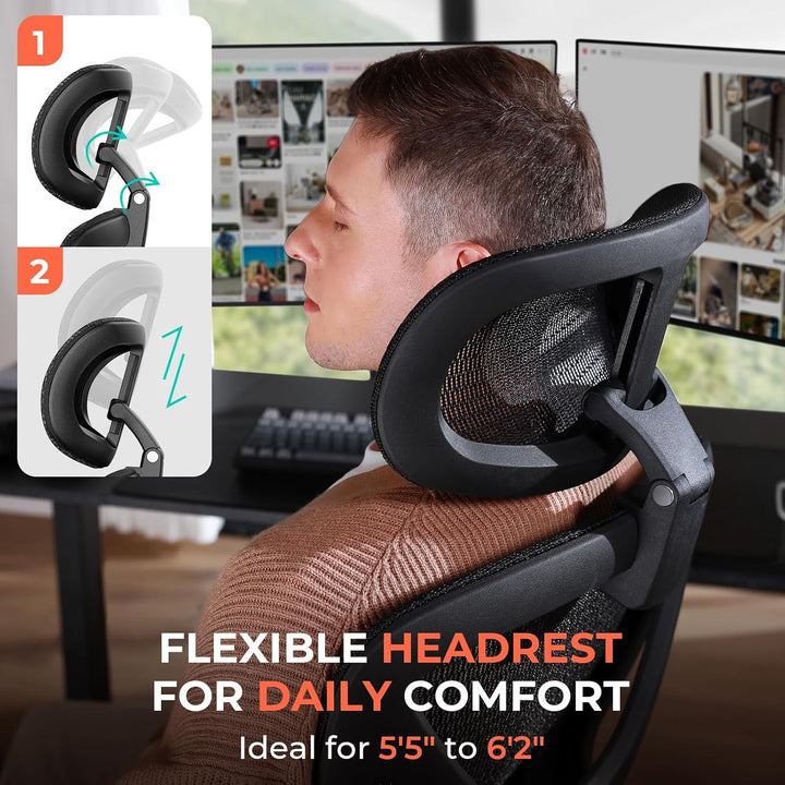 Ergonomic Mesh Office Chair, Adjustable Lumbar High Back Desk Chair 400lbs, 4D Flip-up Arms, 3-Level Tilt Backrest, 3D Headrest, PU Wheels, Swivel Rolling