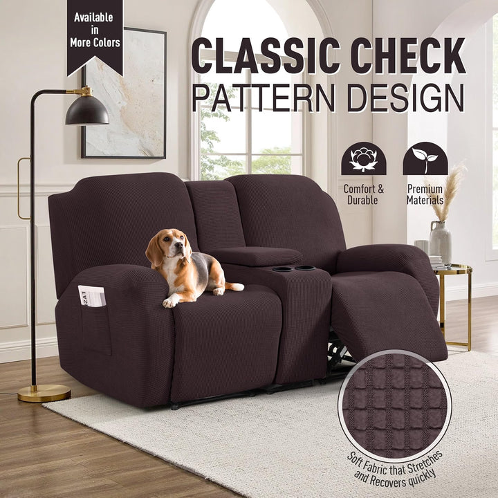 Loveseat Recliner Cover with Middle Console, Stretch Reclining Sofa Covers for 2 Seat Reclining Couch, Jacquard Pattern Soft Loveseat Couch Slipcover Furniture Protector, Chocolate