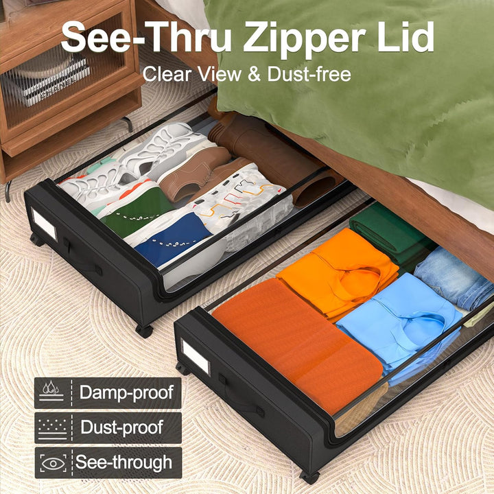 Under Bed Storage with Wheels: 48L Underbed Storage Bins with Lids - Rolling Rangement Vetement sous le Lit - Containers for Clothes Shoes in Bedroom - Easy Pull-out Black 2-Pack