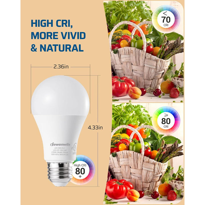 4-Pack Dimmable LED A19 Light Bulb, Soft White Light with Warm Glow, 800 Lumen, 2700K, 10W (60 Watt Equivalent), E26 Medium Screw Base, UL Listed