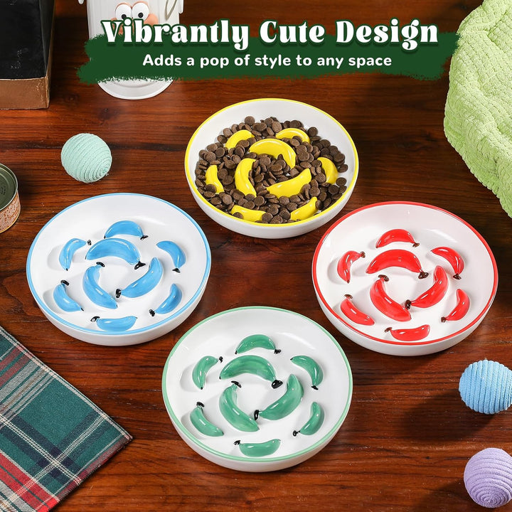 Ceramic Cat Slow Feeder Bowl - Vibrant Cat Feeding Bowl - Cute Maze Food Dish for Slow Eating - Dishwasher Safe - 6.3''W x 1.2''H - 7 OZ - Yellow