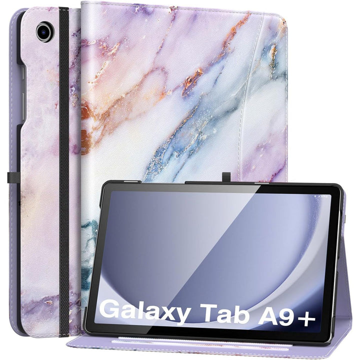 Case for Samsung Galaxy Tab A9 Plus 11" 2023 (SM-X210/SM-X216/SM-X218), PU Leather Multi-Angle Viewing Folding Stand Cover Case with Hand Strap, Front Pocket, Auto Wake/Sleep, Purple Marble