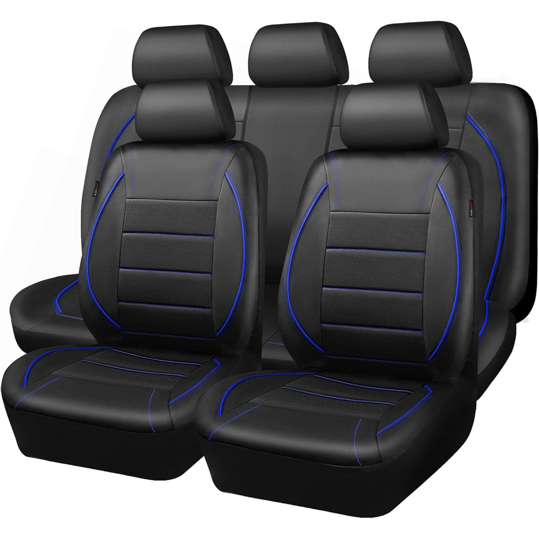 Universal FIT Piping Leather Car Seat Cover, for suvs, Van, Trucks, Airbag Compatible, Inside Zipper Design and Reserved Opening Holes (Full seat Covers, Black and Blue)