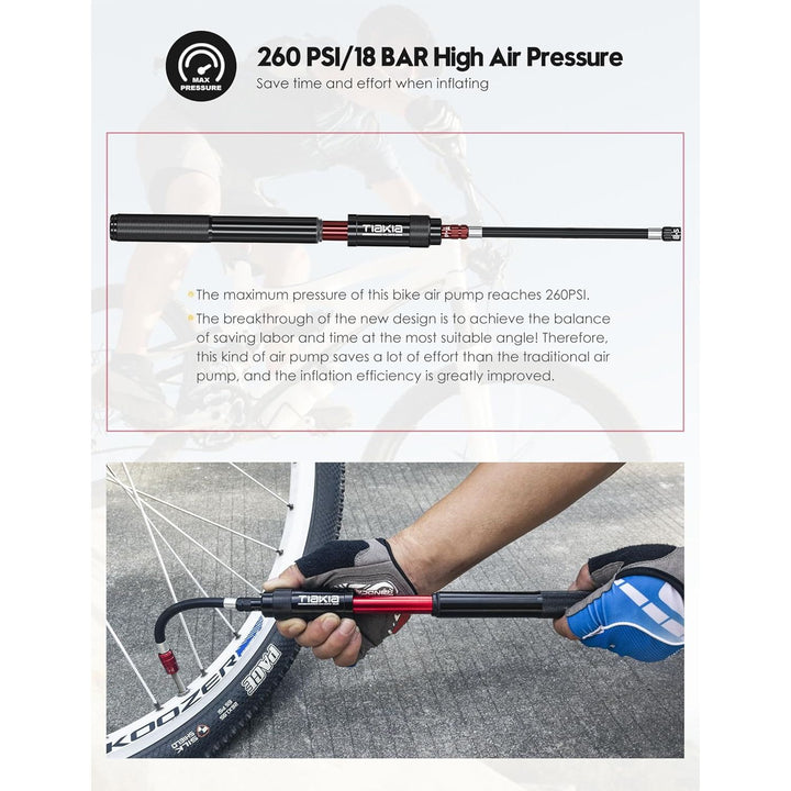 Tiakia Mini Bike Pump Portable Bicycle Pump Compact High Pressure Frame Pump 260PSI- Air Hand Pump Fit Presta, Schrader & Woods Valves,Aluminum Alloy Durable Tire Pump for Road/Mountain/BMX Bikes