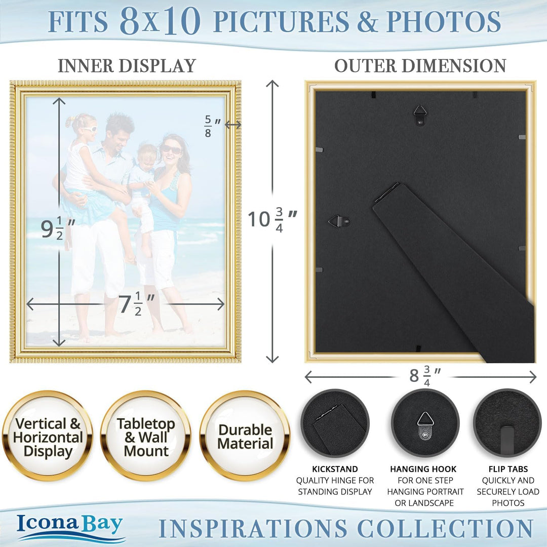 8x10 (20x25 cm) Picture Frames , Beautifully Detailed Molding, Contemporary Picture Frame Set, Wall Mount or Table Top, Inspirations Collection, (Gold, 6 Pack) - Just Closeouts Canada Inc.669002365458