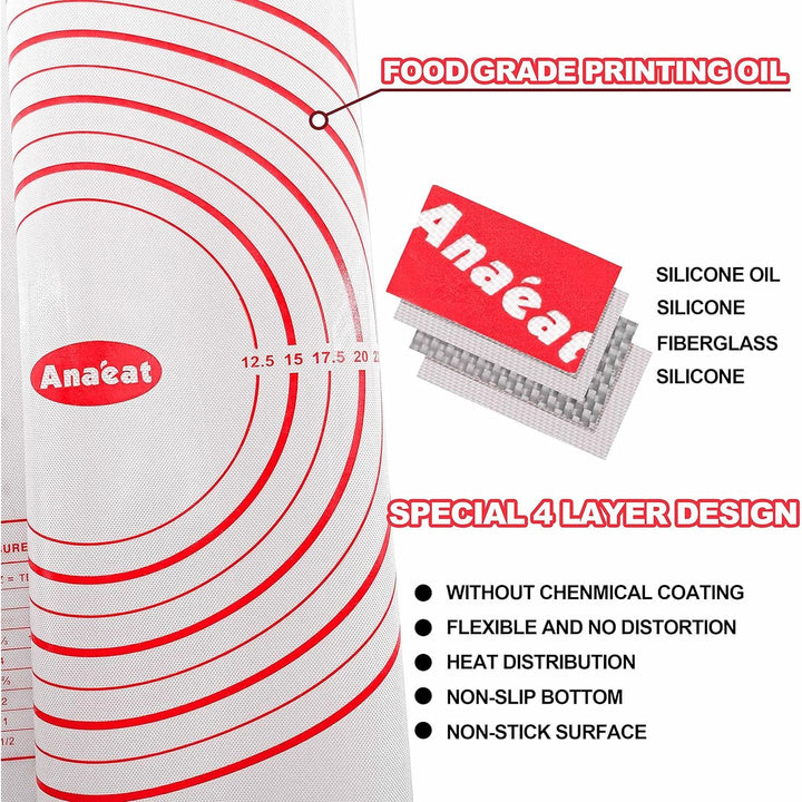 Anaeat Silicone Pastry Baking Mat with Measurements, Non-Stick Silicone Fondant Sheet & Non-Slip Dough Mat for Rolling Dough, Making Cookies, Bread, Pizza, Pie Crust, Reusable Kneading Mat (12"x16")