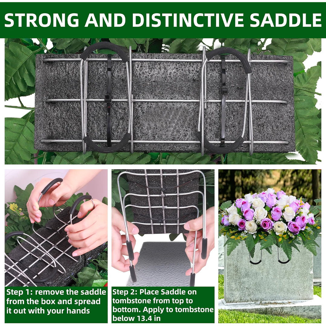 Artificial Cemetery Flower Saddles, Rose Headstone Flower Saddle Outdoor Grave Decorations,Cemetery Memorial Flowers with Vase for Grave Tombstone Decorations (Purple with White, Saddle)