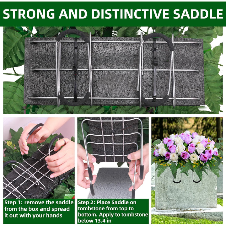 Artificial Cemetery Flower Saddles, Rose Headstone Flower Saddle Outdoor Grave Decorations,Cemetery Memorial Flowers with Vase for Grave Tombstone Decorations (Purple with White, Saddle)