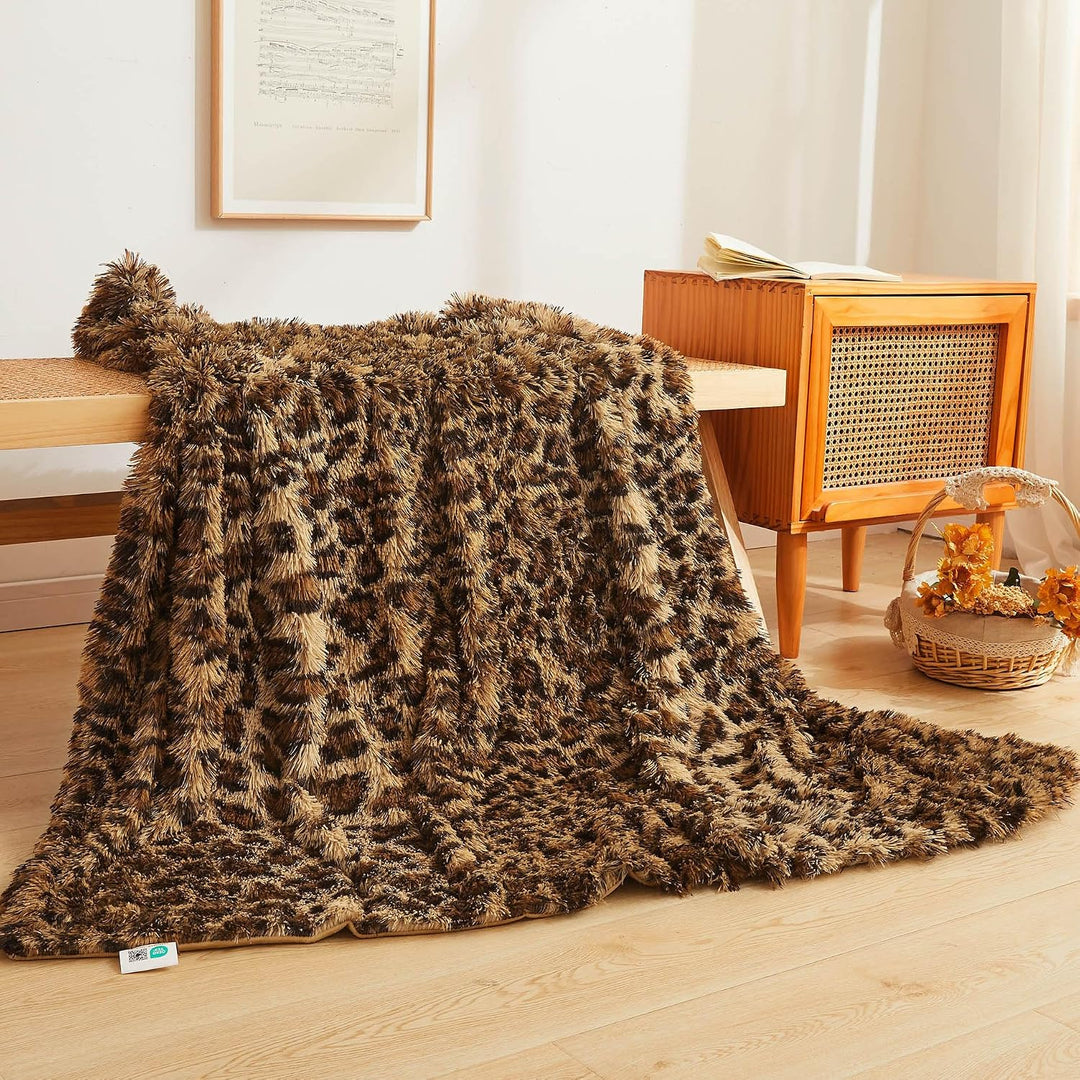 Luxury Faux Fur Leopard Print Throw Blanket, Soft 50x60 Cheetah Print Fluffy Blanket Throw, Shaggy Plush Decorative Couch Blanket, Cute Furry Animal Throw Fuzzy Blanket for Sofa Bed, Brown