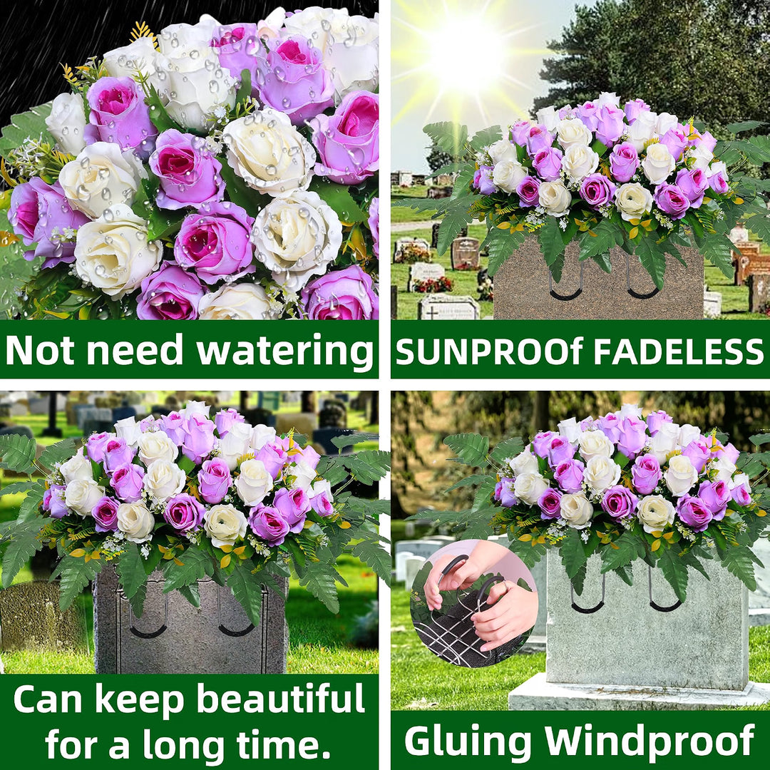 Artificial Cemetery Flower Saddles, Rose Headstone Flower Saddle Outdoor Grave Decorations,Cemetery Memorial Flowers with Vase for Grave Tombstone Decorations (Purple with White, Saddle)