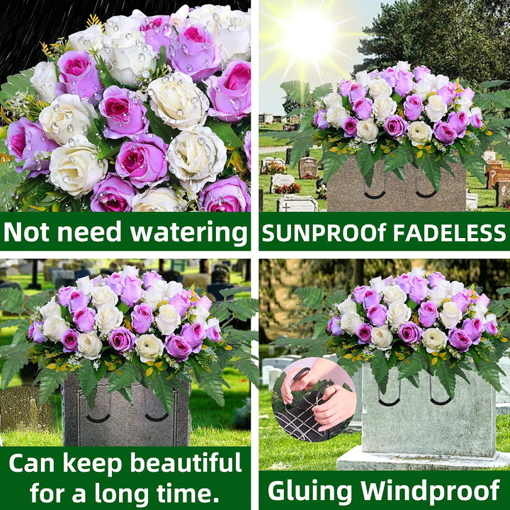 Artificial Cemetery Flower Saddles, Rose Headstone Flower Saddle Outdoor Grave Decorations,Cemetery Memorial Flowers with Vase for Grave Tombstone Decorations (Purple with White, Saddle)