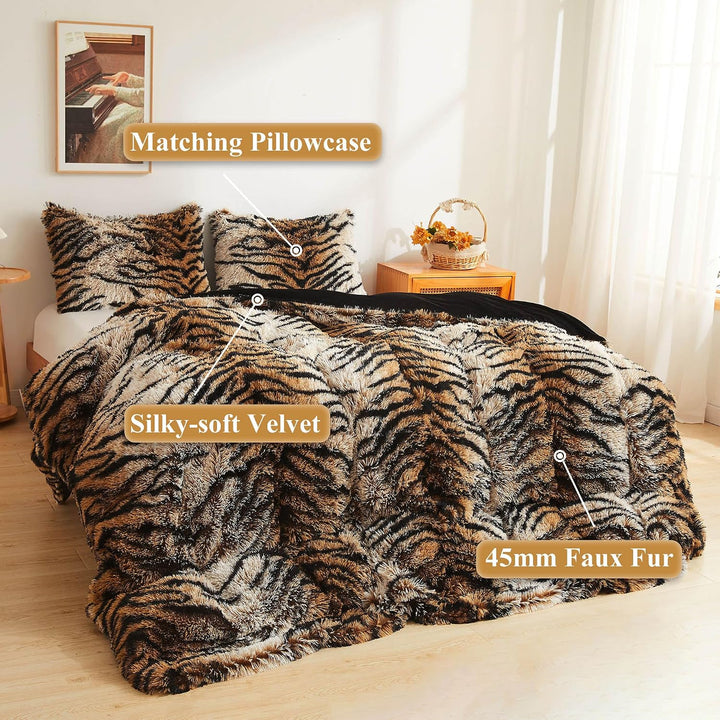 Tiger Print Fluffy Faux Fur Duvet Cover Set, 3 Pieces Soft Plush Shaggy Fuzzy Bedding Set(1 Faux Fur Animal Print Comforter Cover + 2 Furry Pillowcases), Zipper Closure(King, Tiger Print Brown)