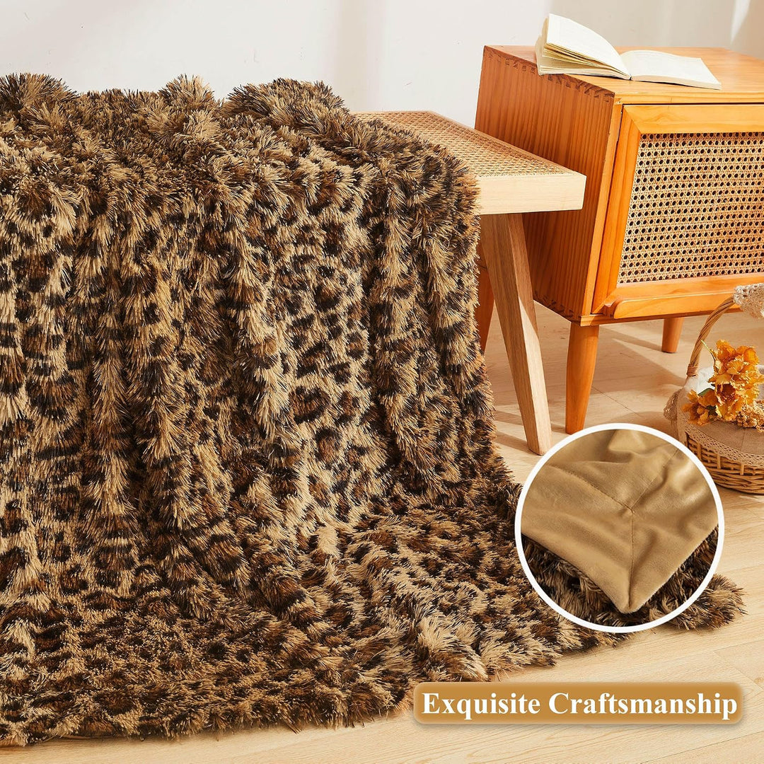 Luxury Faux Fur Leopard Print Throw Blanket, Soft 50x60 Cheetah Print Fluffy Blanket Throw, Shaggy Plush Decorative Couch Blanket, Cute Furry Animal Throw Fuzzy Blanket for Sofa Bed, Brown
