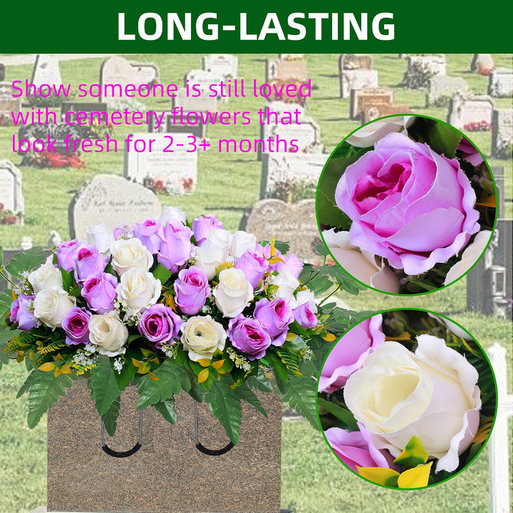 Artificial Cemetery Flower Saddles, Rose Headstone Flower Saddle Outdoor Grave Decorations,Cemetery Memorial Flowers with Vase for Grave Tombstone Decorations (Purple with White, Saddle)