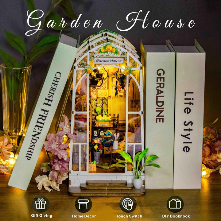 Garden House DIY Book Nook Kits Room Bookshelf Insert Miniature Decor Kit 3D Wooden Puzzle Bookshelf with Led Decor Suitable for Adults and Teenagers Craft Gifts
