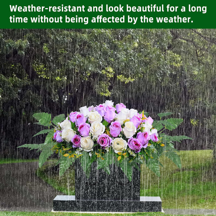 Artificial Cemetery Flower Saddles, Rose Headstone Flower Saddle Outdoor Grave Decorations,Cemetery Memorial Flowers with Vase for Grave Tombstone Decorations (Purple with White, Saddle)