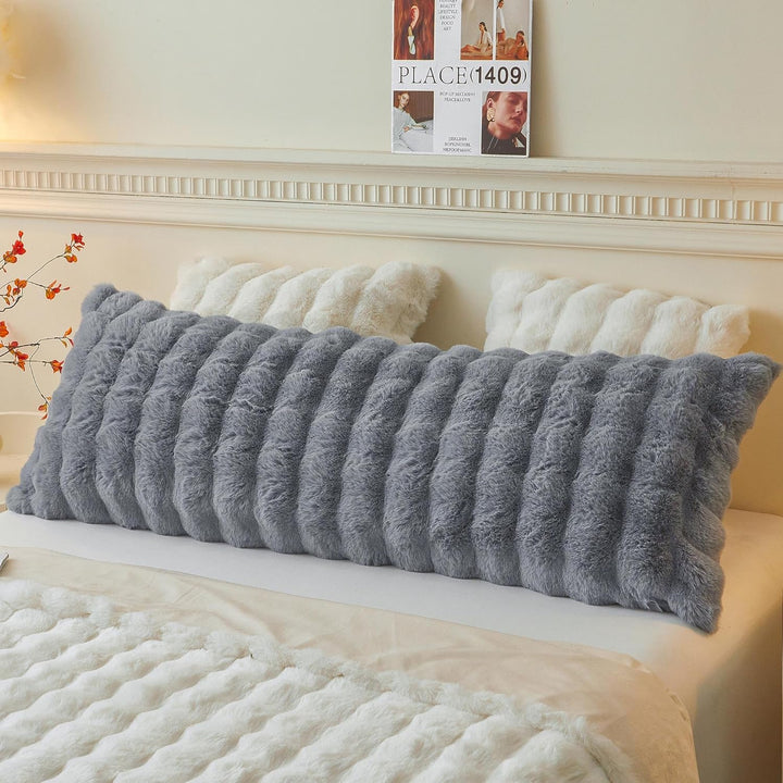 Fluffy Faux Rabbit Fur Body Pillow Cover, Soft Cute Bubble Shaggy Plush Bed Body Pillowcase with Zipper Closure, Long 20"x54" Fuzzy Furry Pillow Case for Pregnancy Side Sleeper, Light Grey