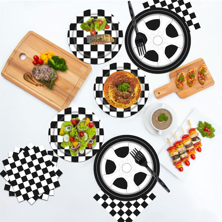 96PCS Racing Car Plates and Napkins Birthday Party Tableware Set Boys Kids Race Car Birthday Decorations Checkered Racing Birthday Party Supplies Plates Napkins Forks Serve 24 - Just Closeouts Canada Inc.