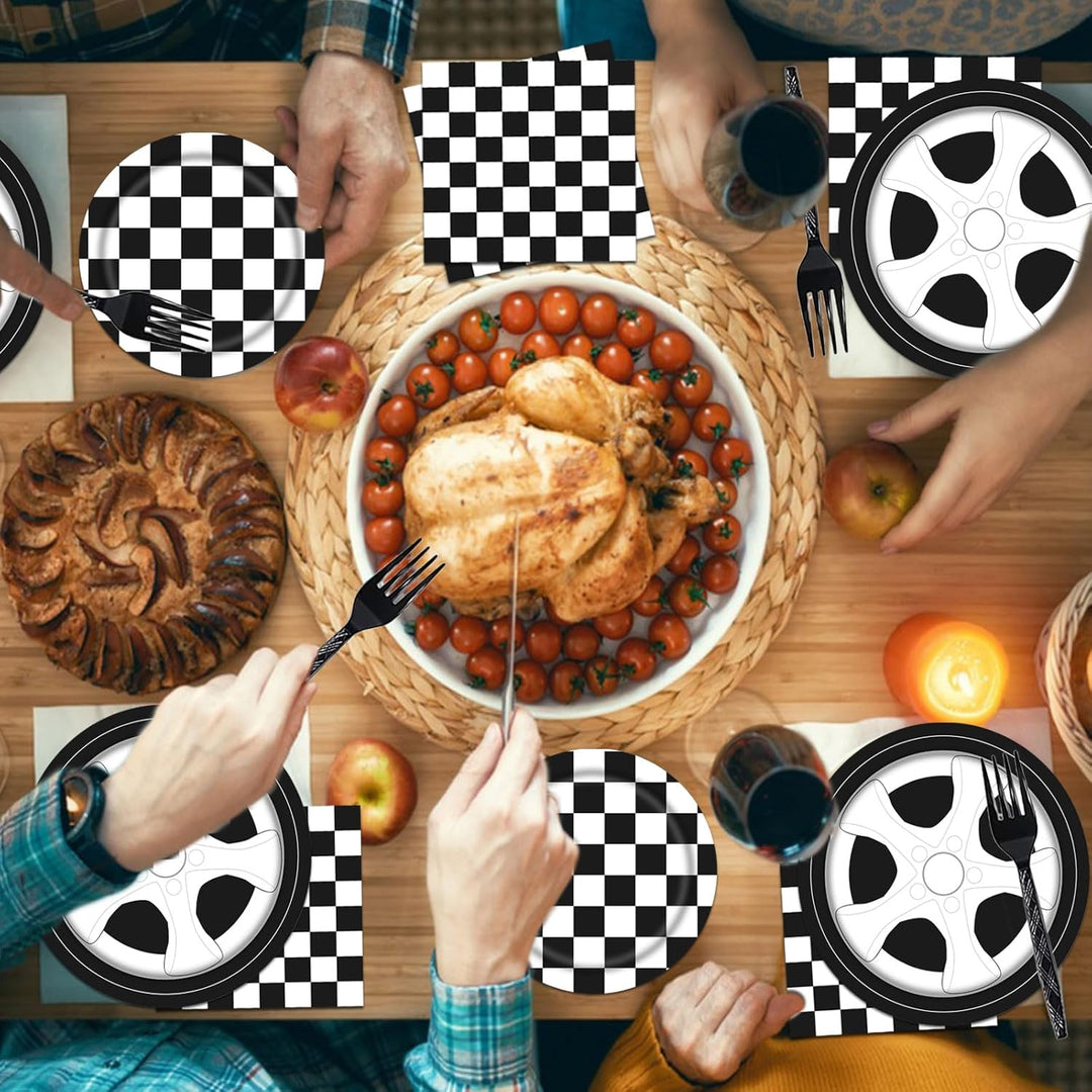 96PCS Racing Car Plates and Napkins Birthday Party Tableware Set Boys Kids Race Car Birthday Decorations Checkered Racing Birthday Party Supplies Plates Napkins Forks Serve 24 - Just Closeouts Canada Inc.