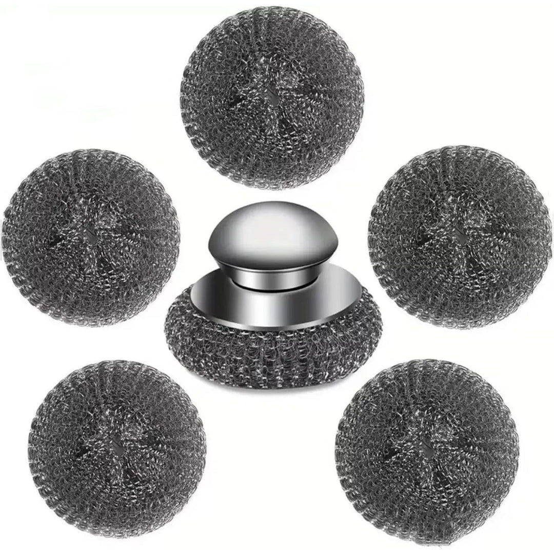 Six-piece stainless steel scrubber set with handle and five replacement heads