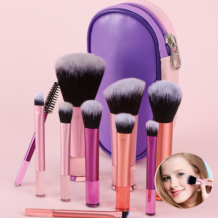 Mixed-colour 10-piece travel makeup brush set with pouch, view 1