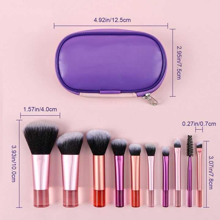 Mixed-colour 10-piece travel makeup brush set with pouch, view 2