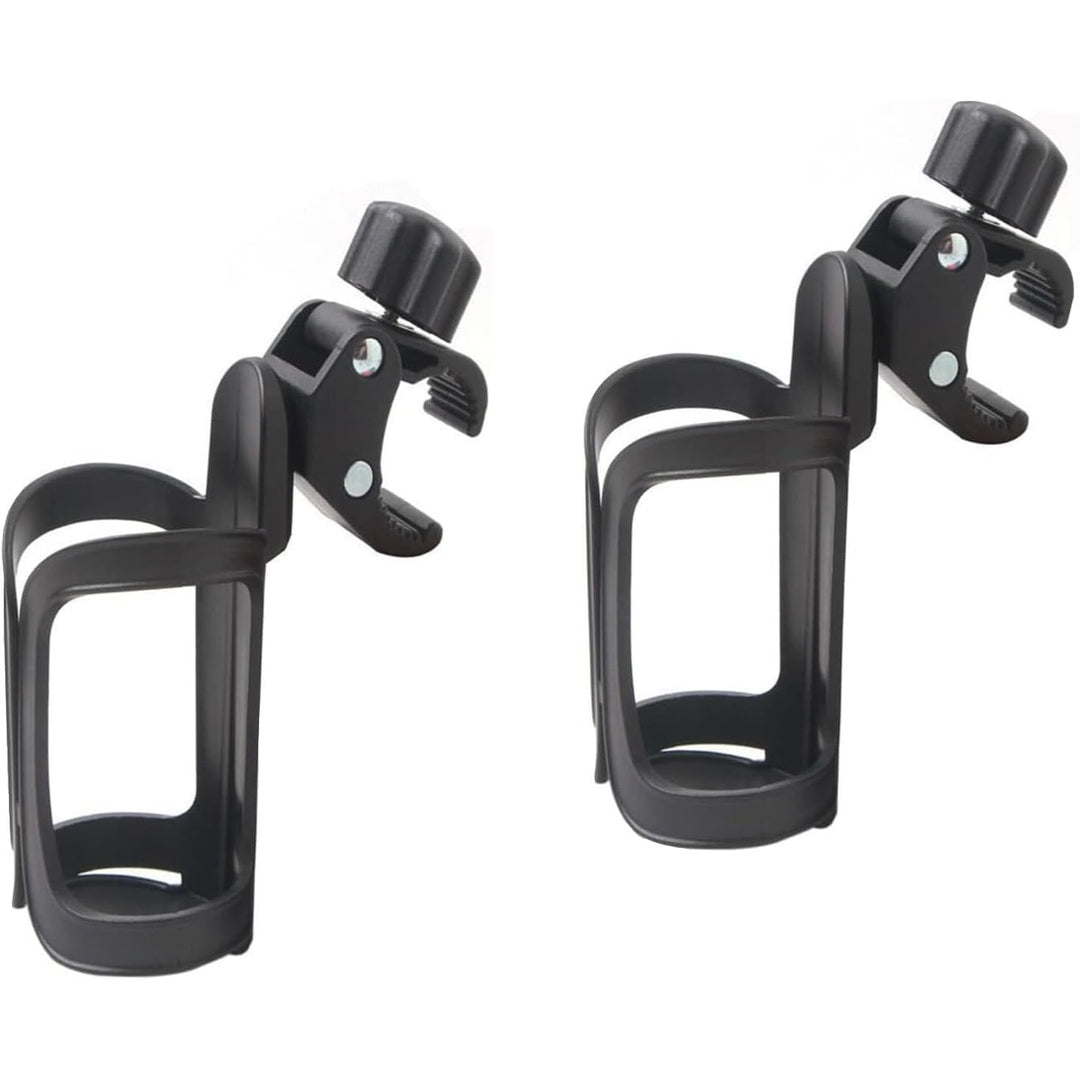 Two black rotating clamp-on cup holders, view 1