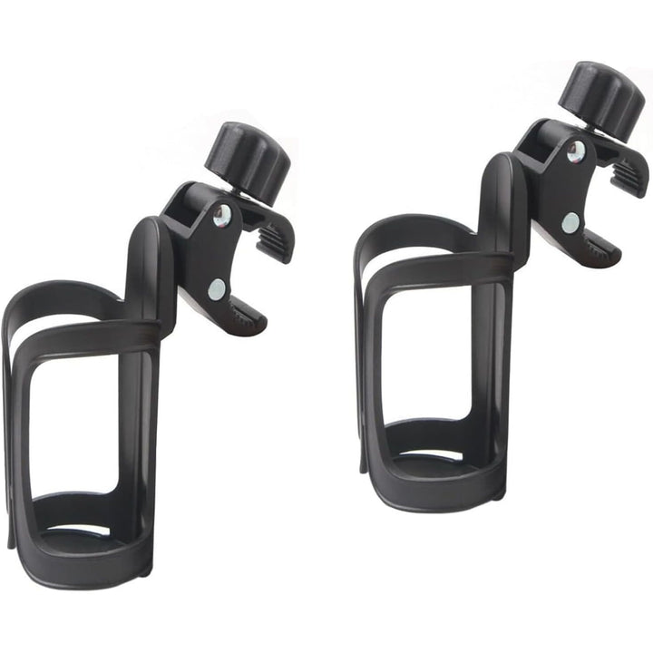 Two black rotating clamp-on cup holders, view 1