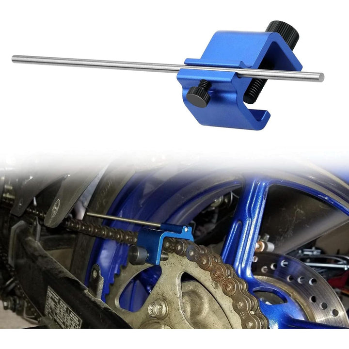 Blue motorcycle chain alignment clamp tool, view 1