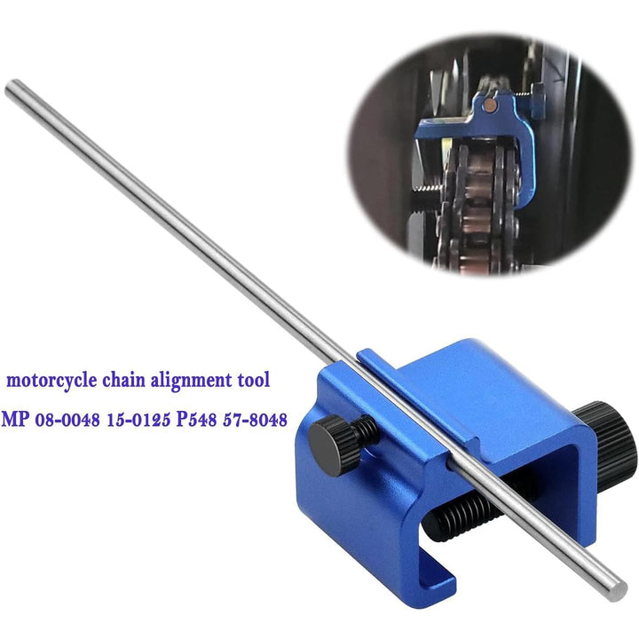 Blue motorcycle chain alignment clamp tool, view 2