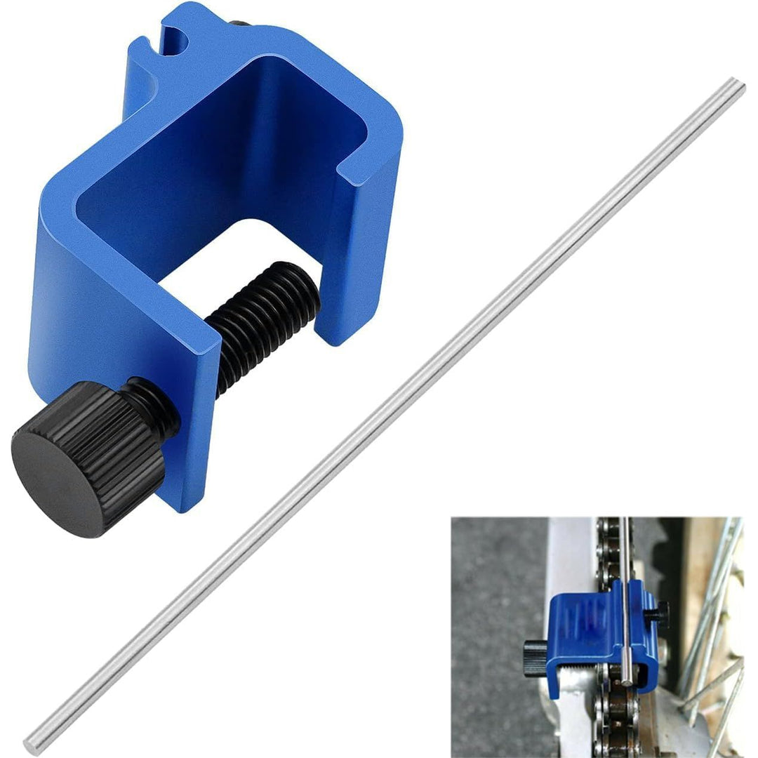 Blue motorcycle chain alignment clamp tool, view 5