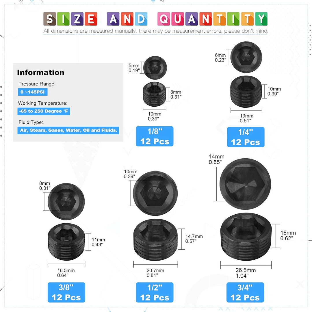 60 Carbon-Steel NPT Hex-Socket Pipe Plugs, 5 Sizes, image 2