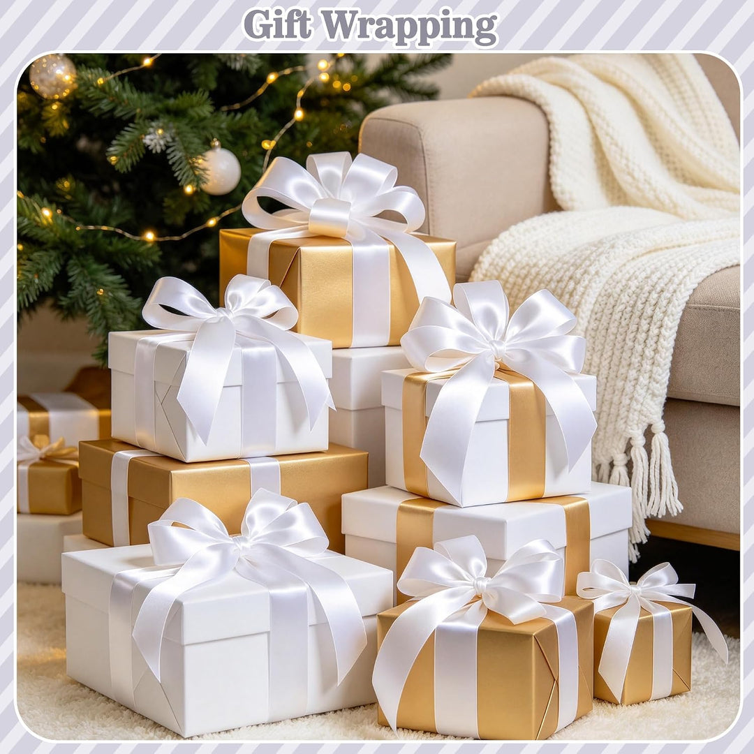 White satin ribbon gift-wrapping application; gifts and decorations not included