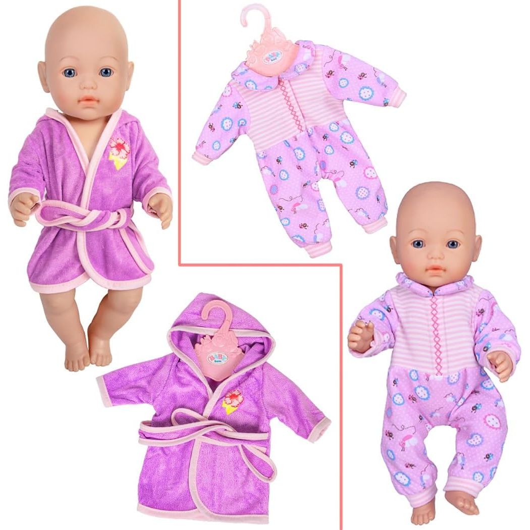 Purple doll bathrobe and printed romper details; dolls not included