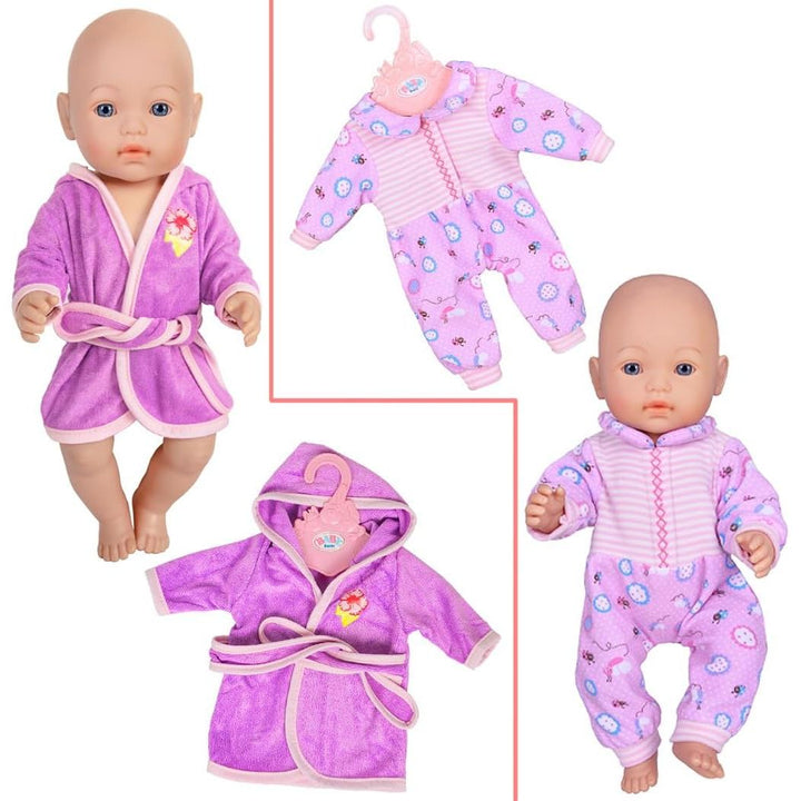 Purple doll bathrobe and printed romper details; dolls not included