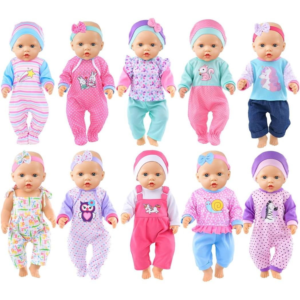 Ten colourful baby doll outfits with hats and headbands; dolls not included
