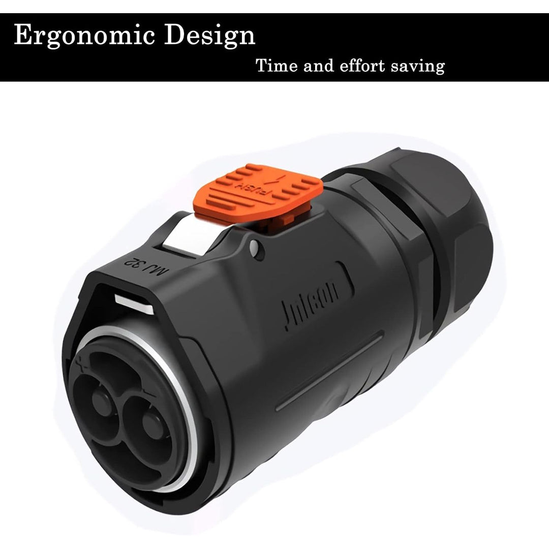 Two-prong plug face and orange locking latch detail