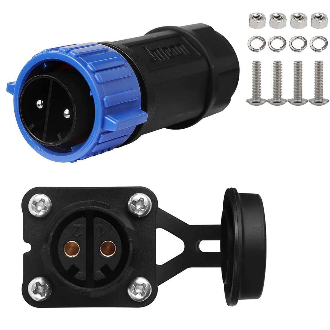 Blue 50-amp two-pin plug and capped receptacle with mounting hardware