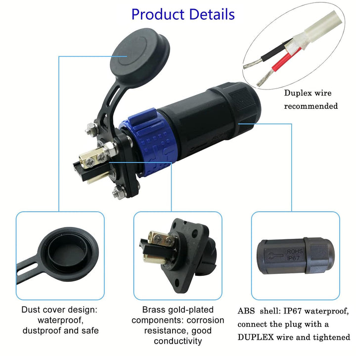 Blue connector contact, cap and cable-entry details