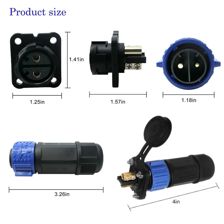 Blue two-pin connector and receptacle dimensions