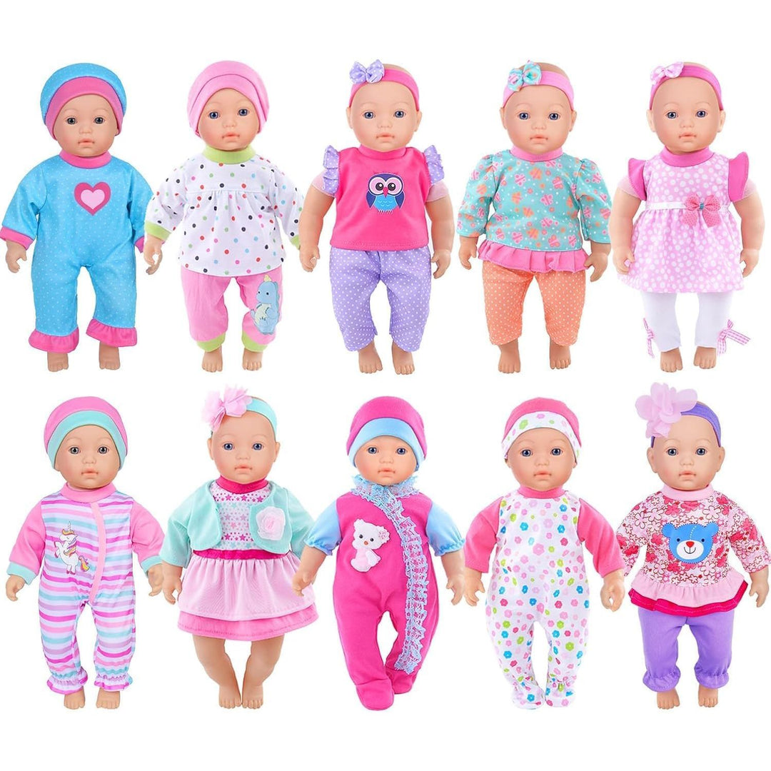 Ten small baby doll clothing sets; dolls not included, some styles vary