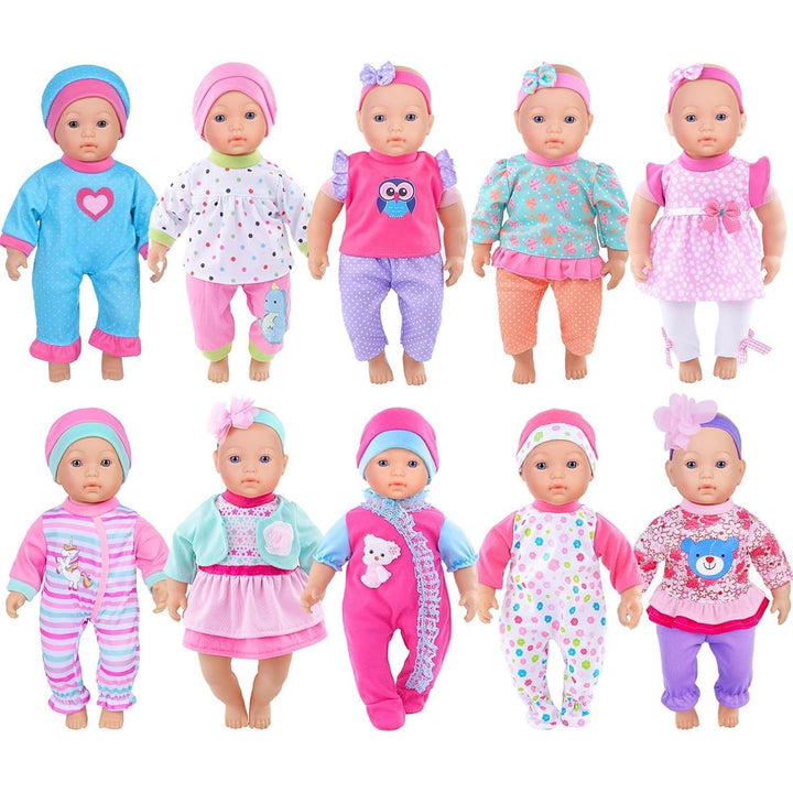 Ten small baby doll clothing sets; dolls not included, some styles vary