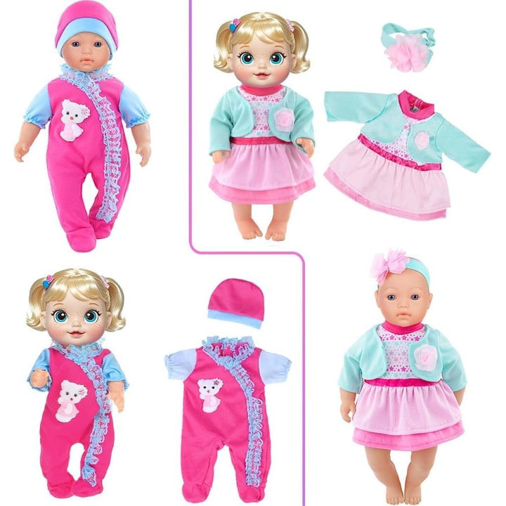 Pink small-doll romper and dress details; dolls not included