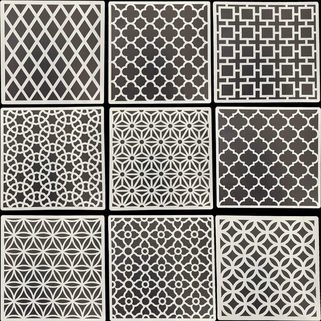 Nine reusable geometric painting stencil patterns