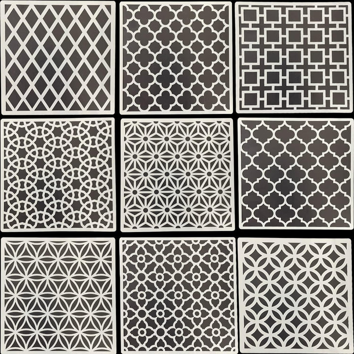 Nine reusable geometric painting stencil patterns
